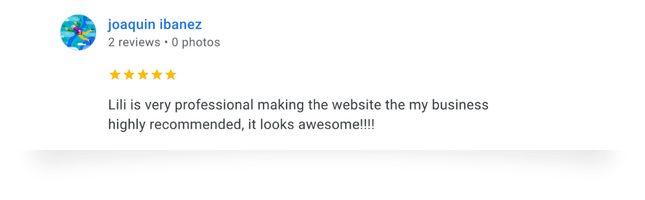 Customer review praising Lili for creating a professional and attractive website.