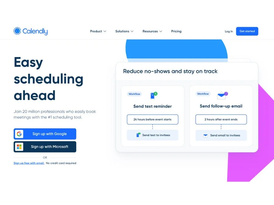 Screenshot of Calendly's website showing options for scheduling and reducing no-shows, with buttons to sign up with Google or Microsoft.