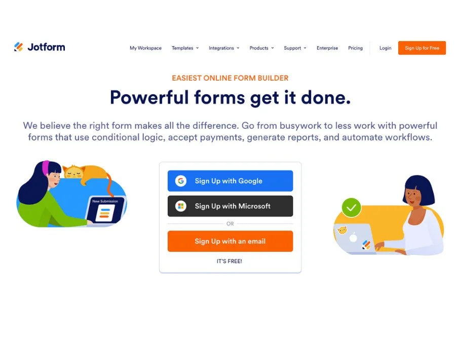 Screenshot of the Jotform website homepage featuring an online form builder with options to sign up with Google, Microsoft, or email. The page includes illustrations of a woman with a cat on her shoulder and another woman working on a laptop, emphasizing ease of use in creating powerful online forms.