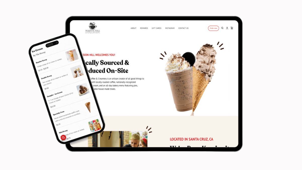 Screenshot of a website and a mobile app for Mission Hill Ice Cream, featuring images of ice cream and a menu of various ice cream flavors and options.