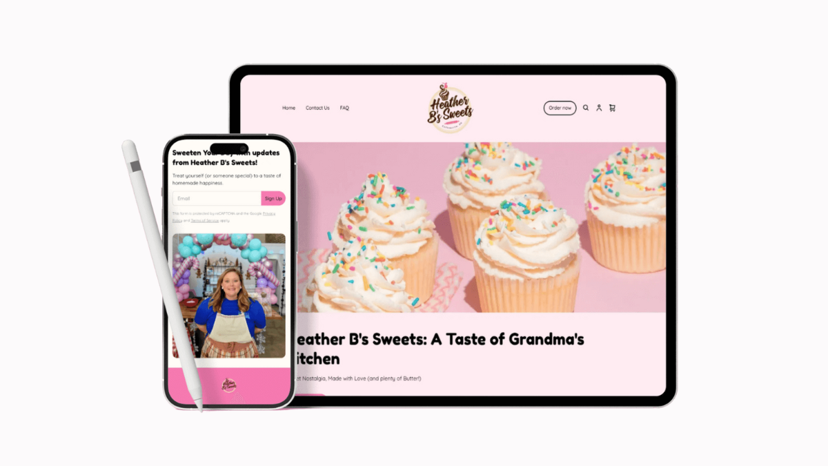A digital display showing a website for Heather B's Sweets, featuring cupcakes with colorful sprinkles, and a smartphone with a related social media post and a stylus.