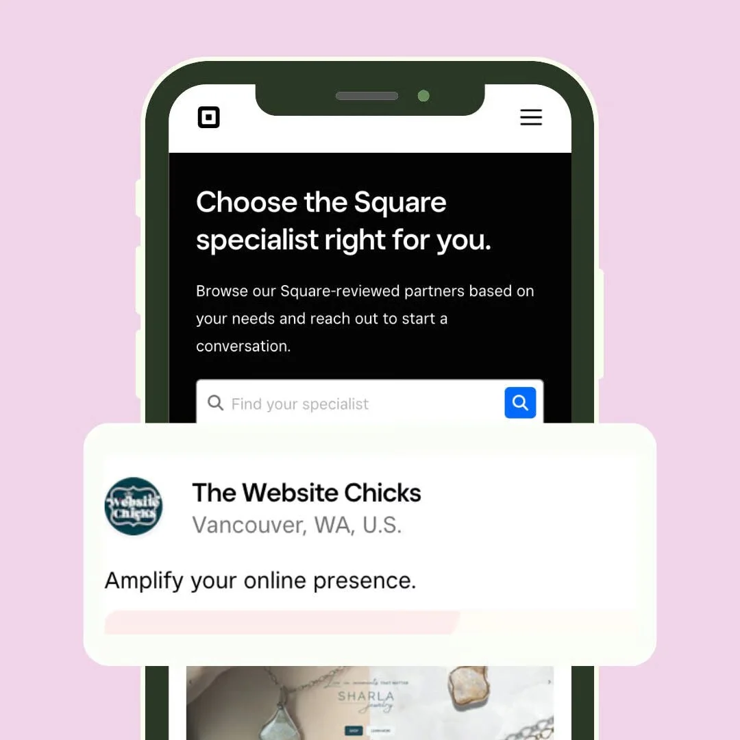 Smartphone screen displaying a website for choosing a local specialist, with a section for a business called 'The Website Chicks' from Vancouver, Washington, U.S.