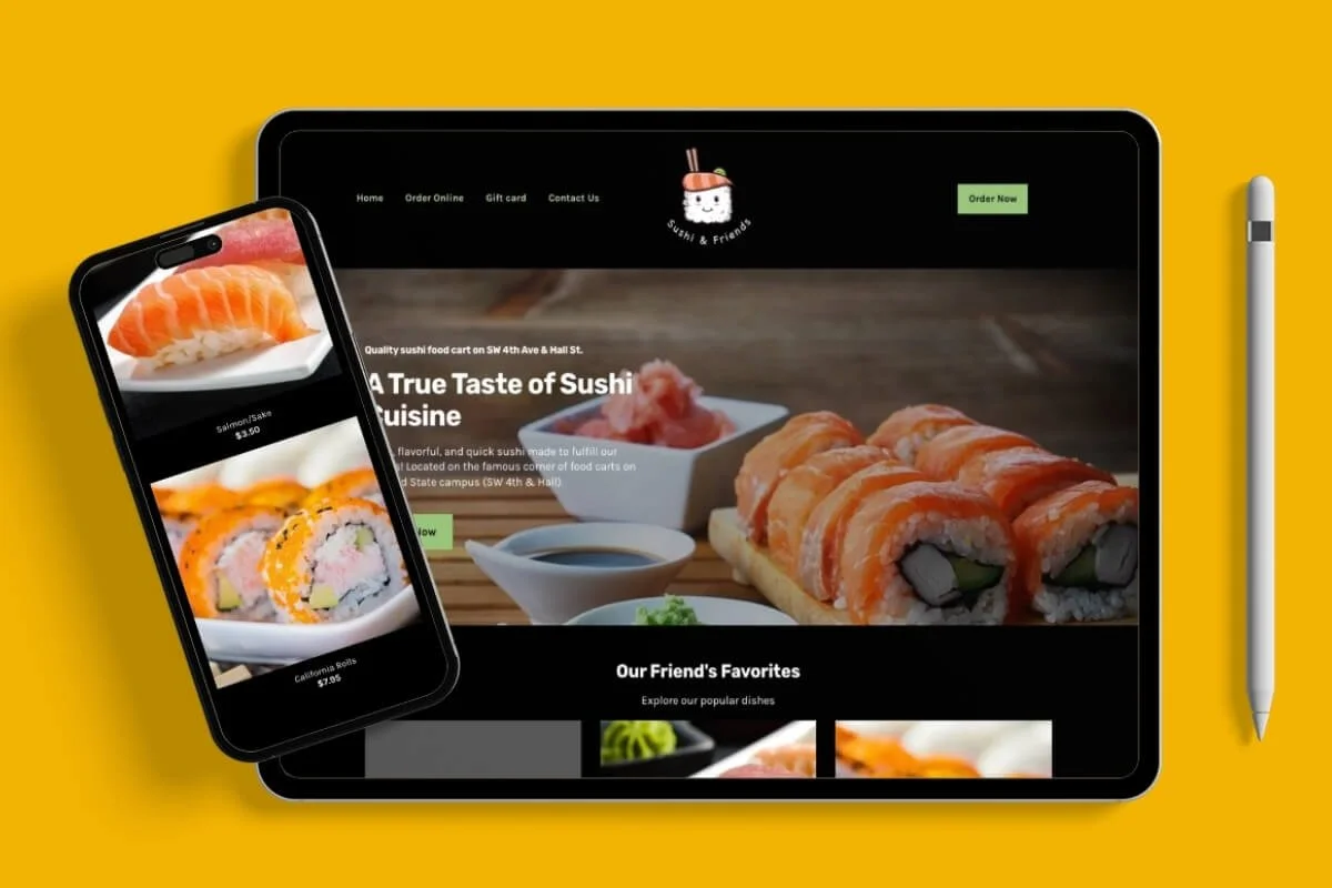A digital device displaying a sushi restaurant website with images of sushi rolls and sashimi on a yellow background.