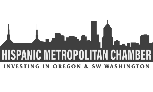 Gray silhouette of Portland's skyline with the texts "Hispanic Metropolitan Chamber" and "Investing in Oregon & SW Washington" below.