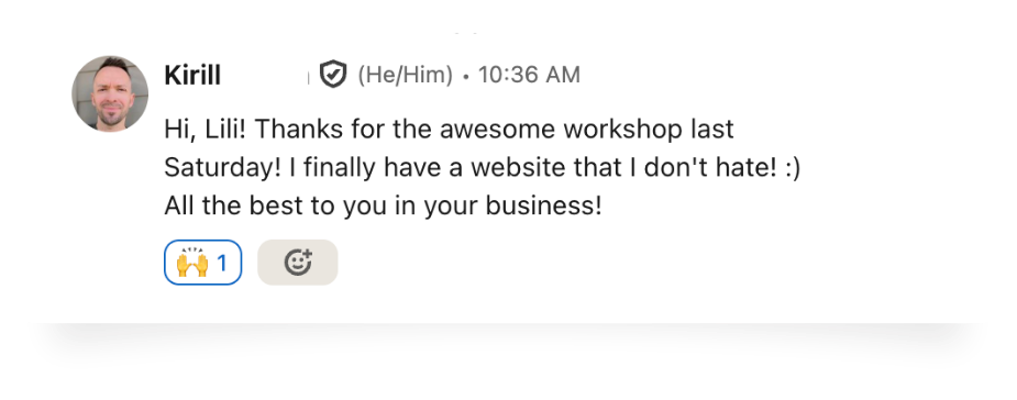 Text message from Kirill thanking Lili for a workshop and saying he now has a website he doesn't hate, sent at 10:36 AM.