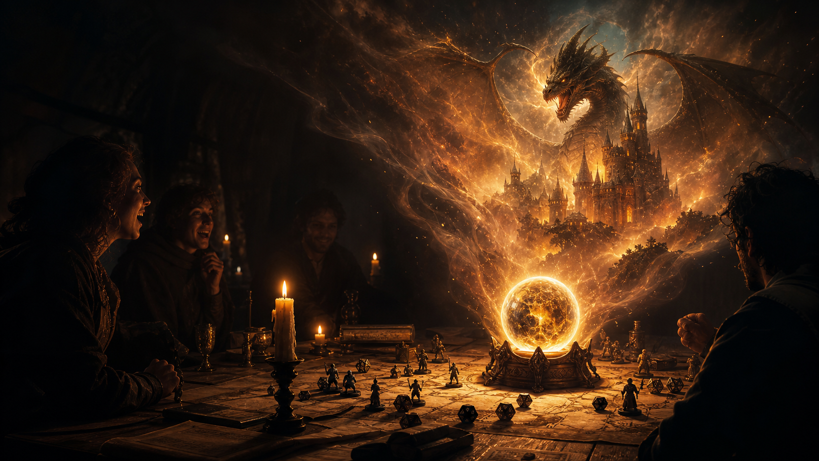An enchanted tabletop session projects a dragon and castle from a glowing scrying orb for EmberOak live play.
