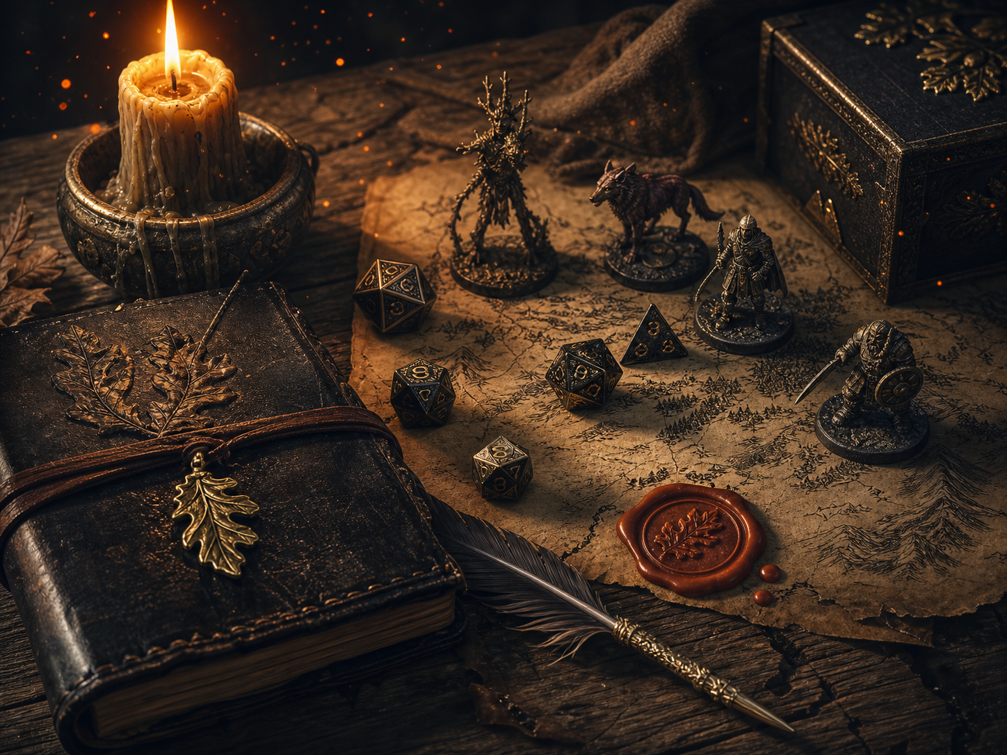 A candlelit fantasy tabletop with map, dice, miniatures, journal, quill, and an oak-leaf wax seal.