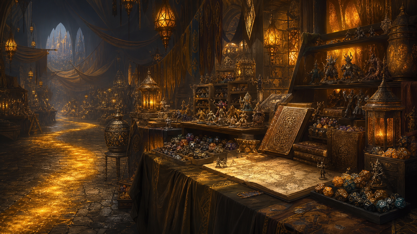 An enchanted fantasy bazaar displays artisan dice, miniatures, campaign books, maps, and gaming treasures.