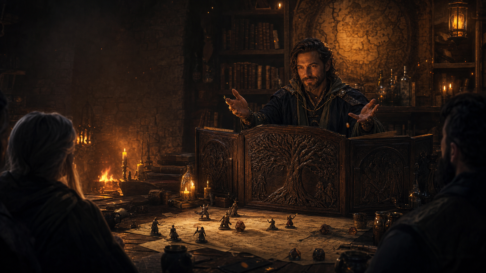 A welcoming fantasy Game Master leads a candlelit EmberOak tabletop campaign from behind a carved oak screen.