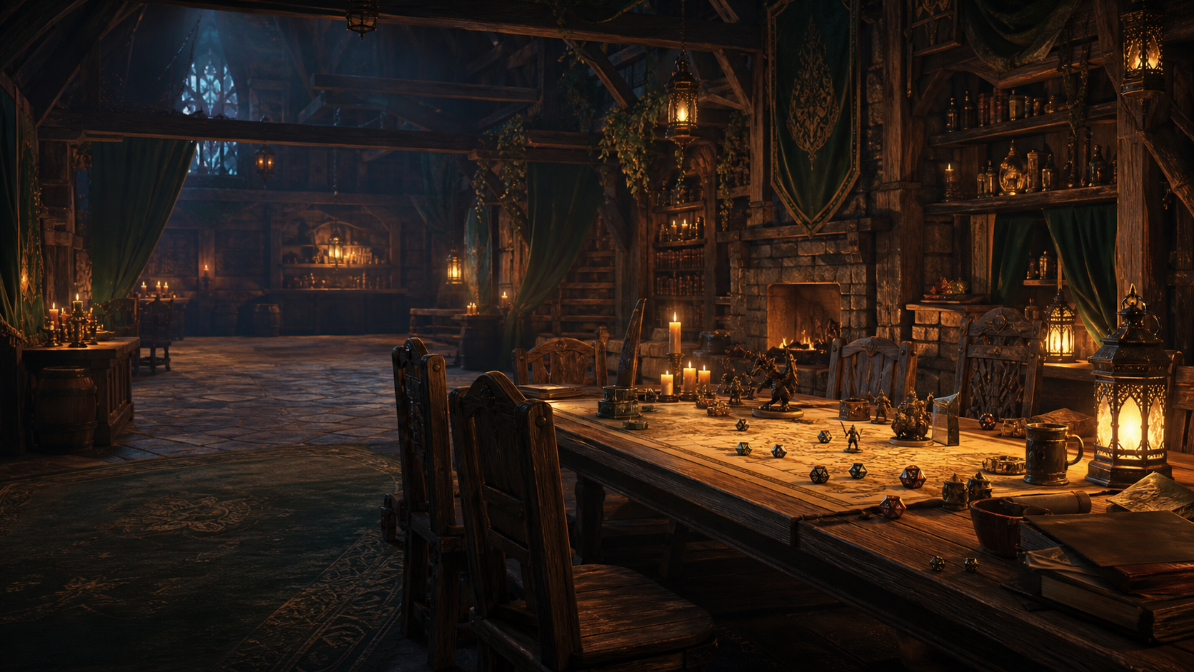 A candlelit fantasy tavern table prepared with maps, dice, and miniatures for an EmberOak campaign.