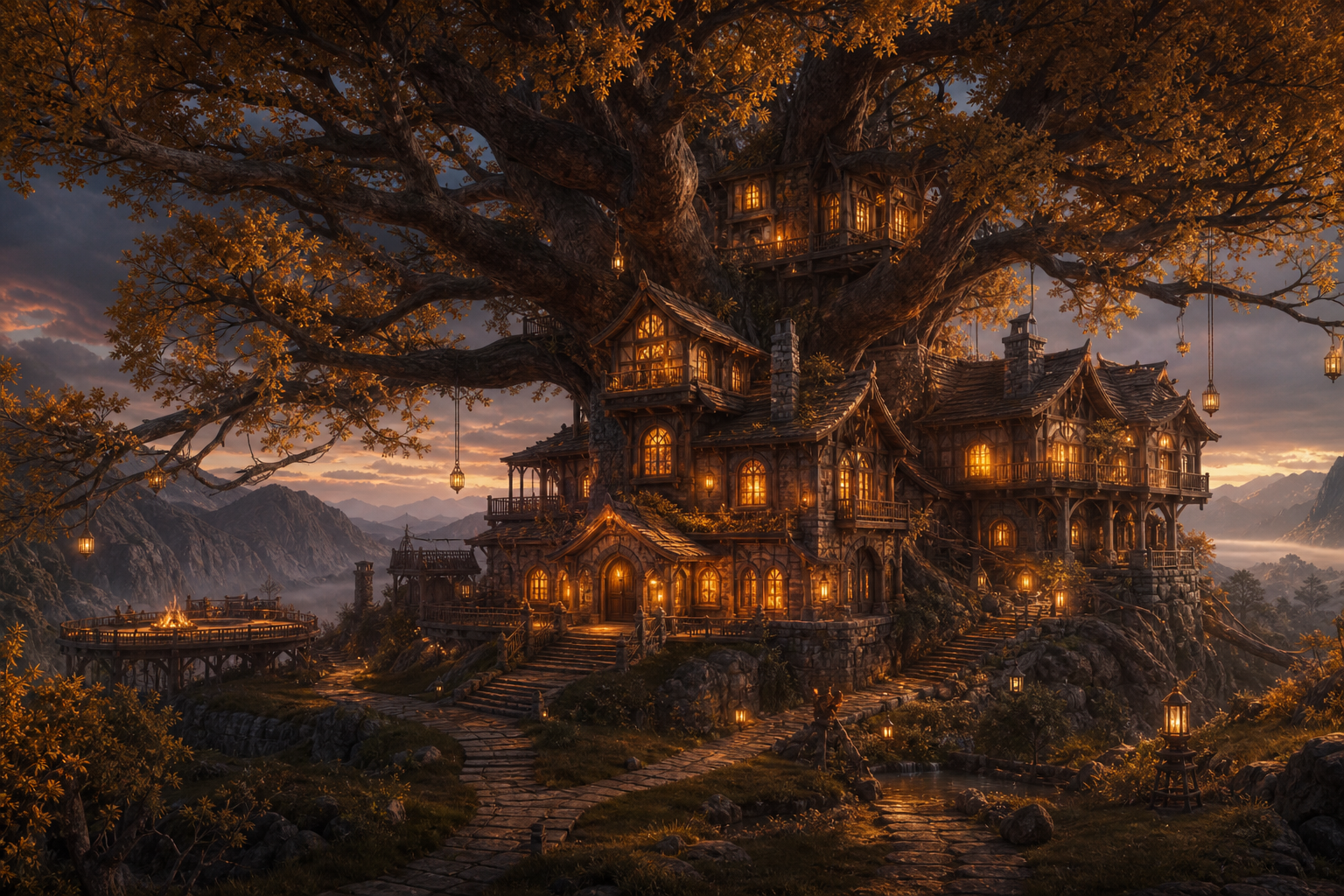 The EmberOak fantasy guild lodge glows beneath the branches of an immense ancient oak at dusk.