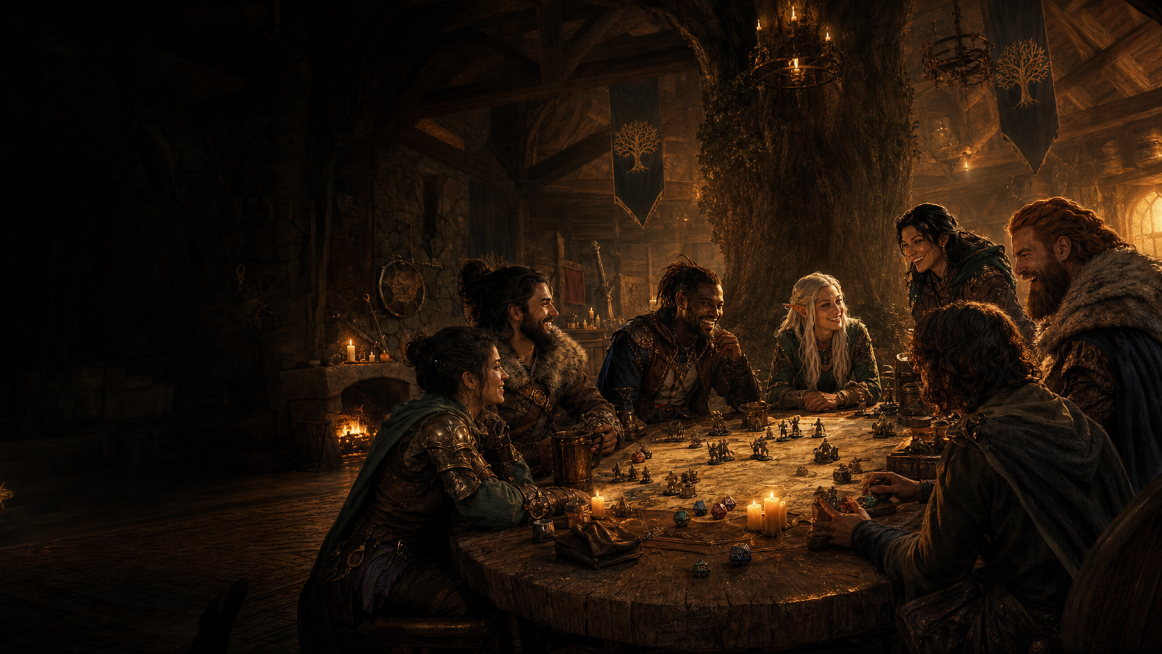 A diverse fellowship gathers around a great oak table for a welcoming EmberOak fantasy campaign.
