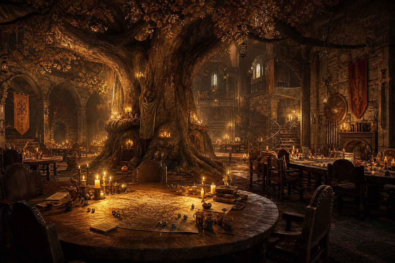 A candlelit fantasy guild hall surrounds a living ancient oak and welcoming tabletop game tables.