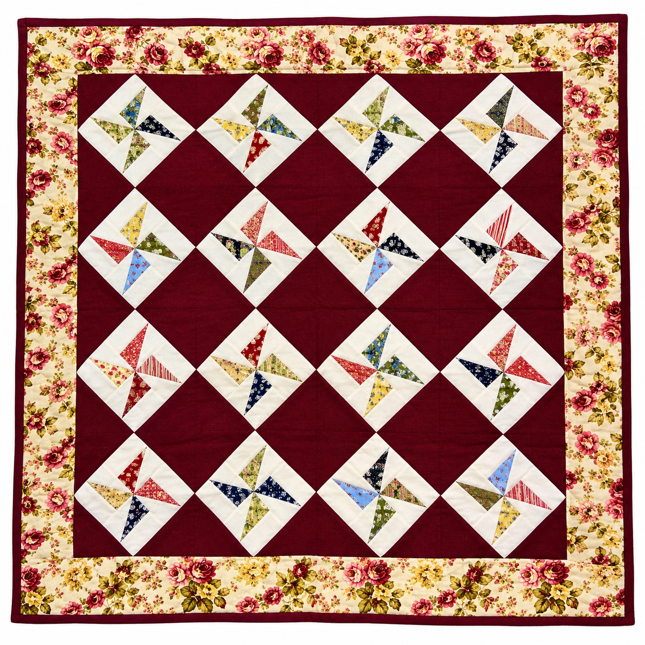 Burgundy Garden Pinwheels Quilt