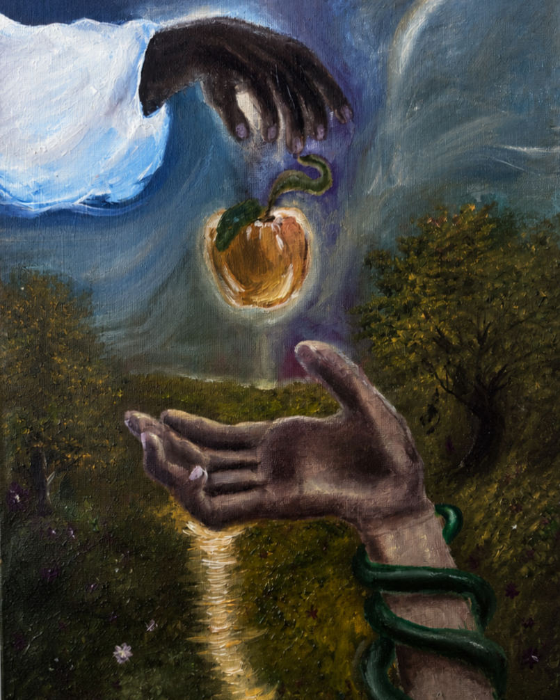 A surreal painting depicting a floating hand holding a snake, a hand reaching from clouds, and a third hand with a green bracelet, with a landscape of trees and a river reflecting light in the background.