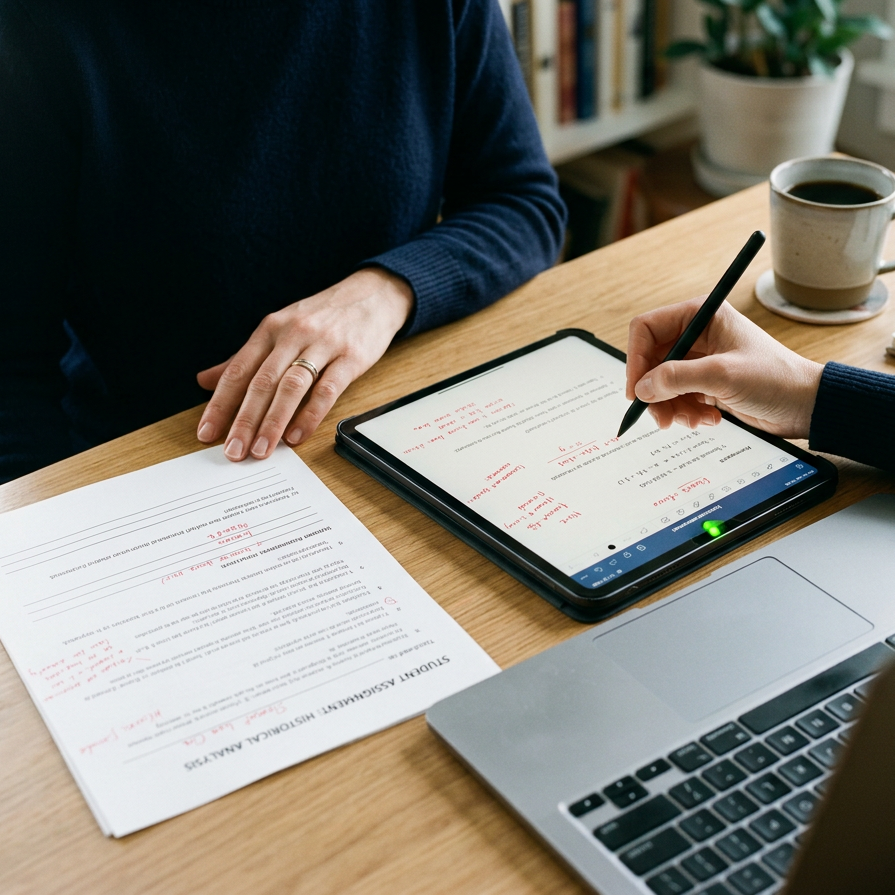 Person taking notes on a tablet with a stylus, papers, a laptop, and a coffee mug on a wooden desk.