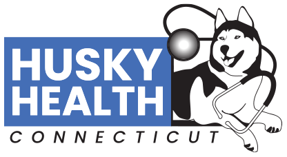 Husky Health Connecticut logo featuring a cartoon husky dog with a stethoscope.