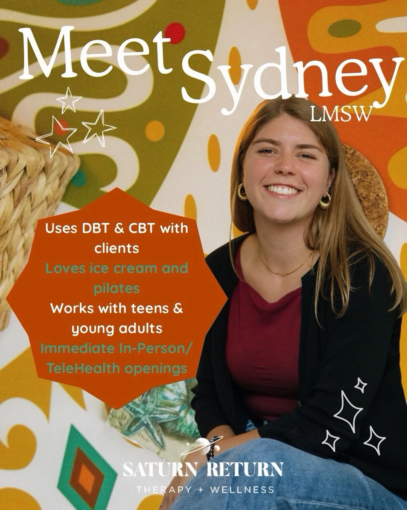 🌙🍦Meet Sydney Olson, LMSW!

Sydney has immediate Telehealth &amp; In- Person openings for talk therapy for adult individuals in CT.

You can read more &amp; book an intake with Sydney through the link in our bio!

Saturn Return Therapy, CT Resident