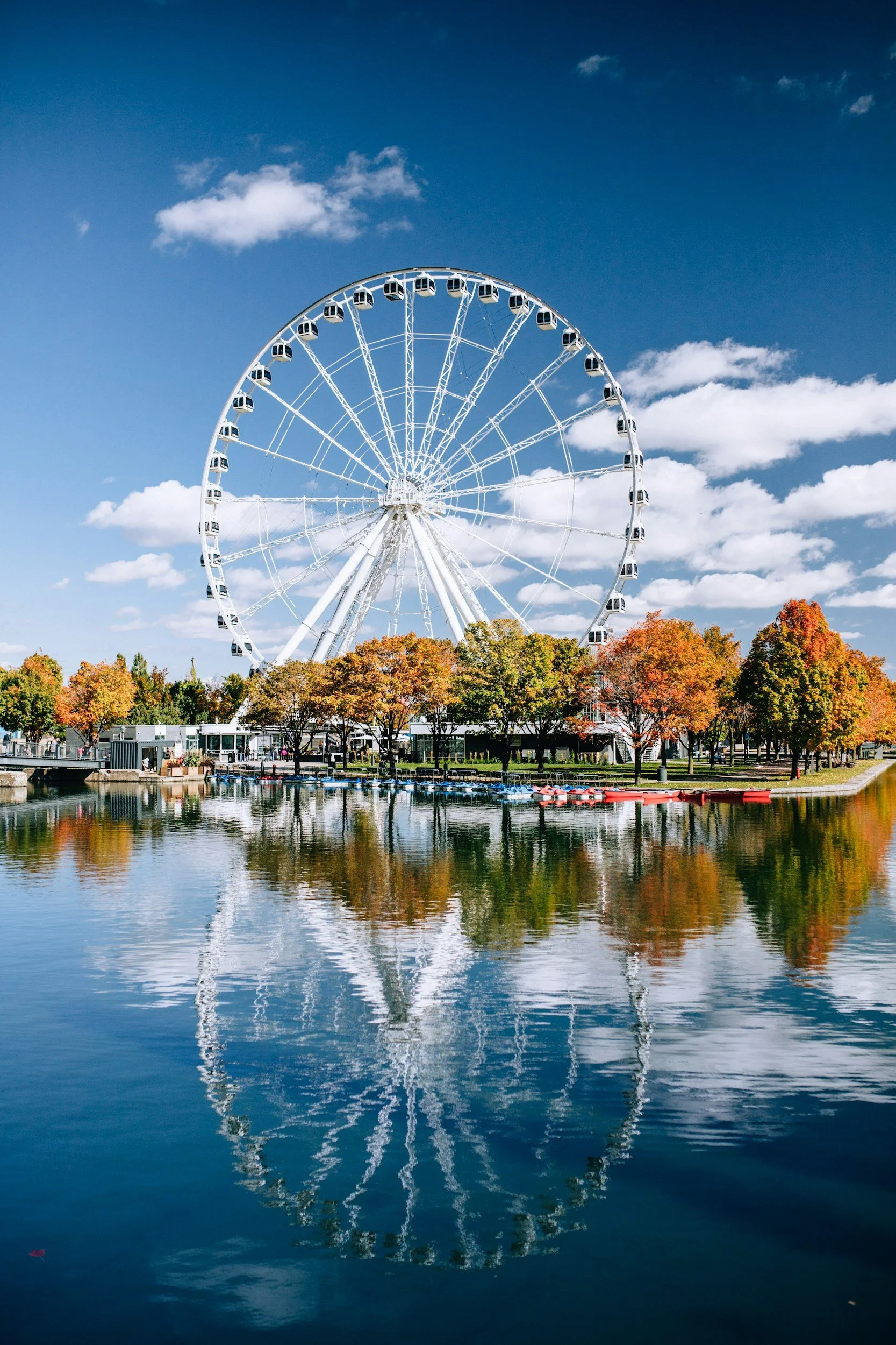 A large Ferris wheel near a body of water, with trees displaying fall colors and a partly cloudy sky in the background.