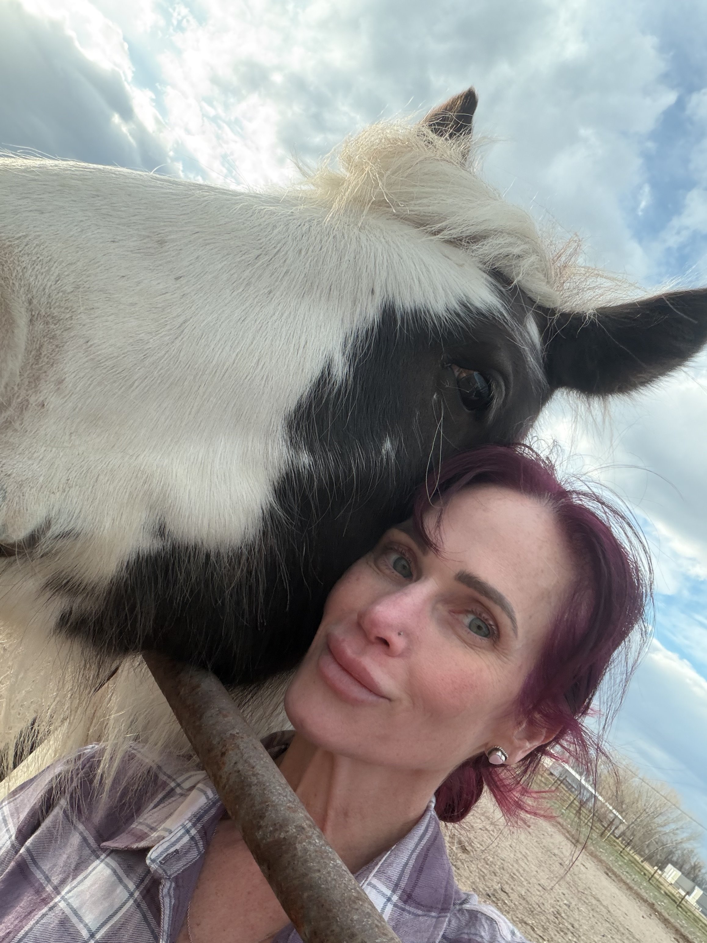 A woman with purple hair and earrings taking a selfie with a horse outdoors on a cloudy day.