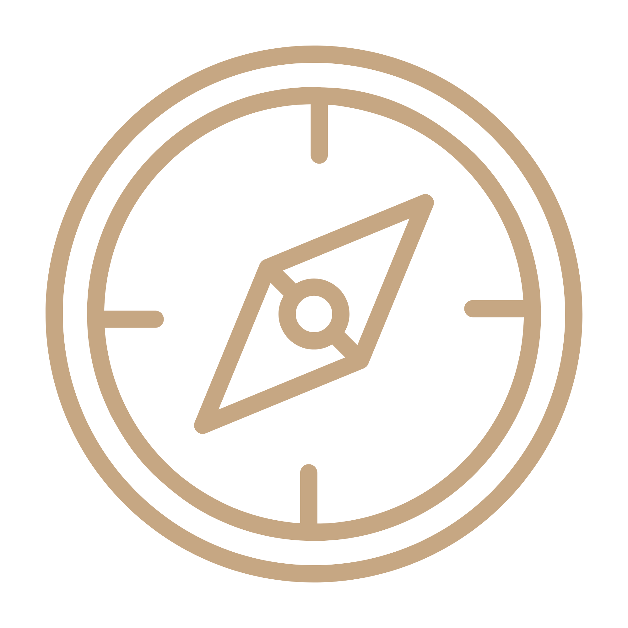 A round icon of a gold-colored compass with the needle pointing northeast and southwest..