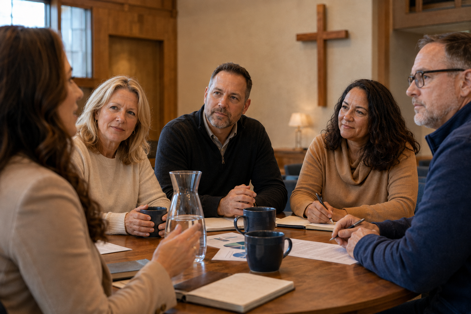 Church ministry leaders collaborating around a table beneath a wooden cross.