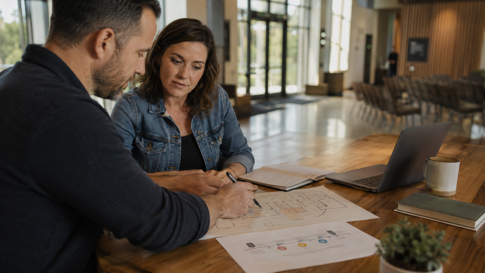Two church leaders sitting at a table in the atrium mapping out a ministry plan.