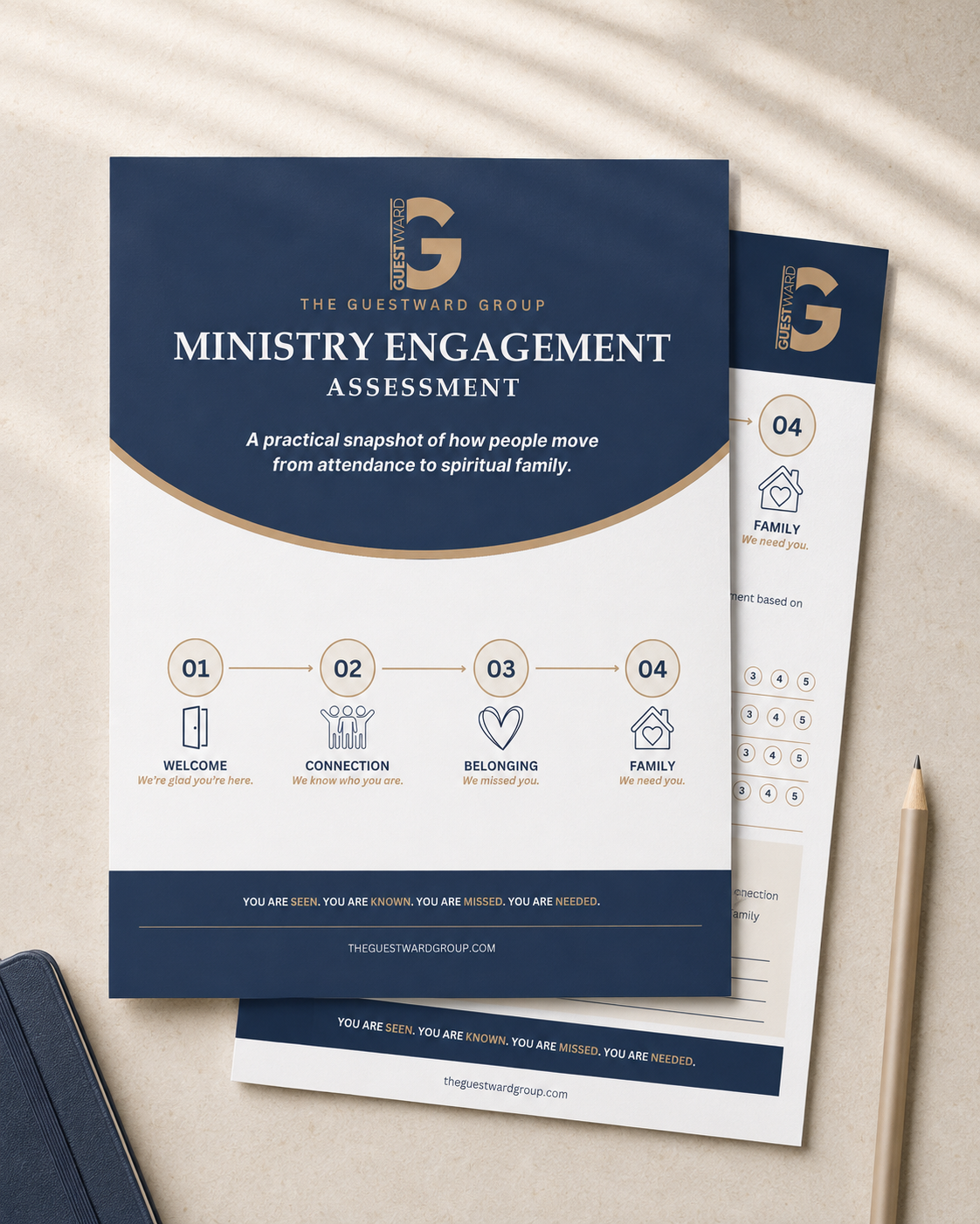 A ministry engagement assessment printed on a table with a notebook and pencil