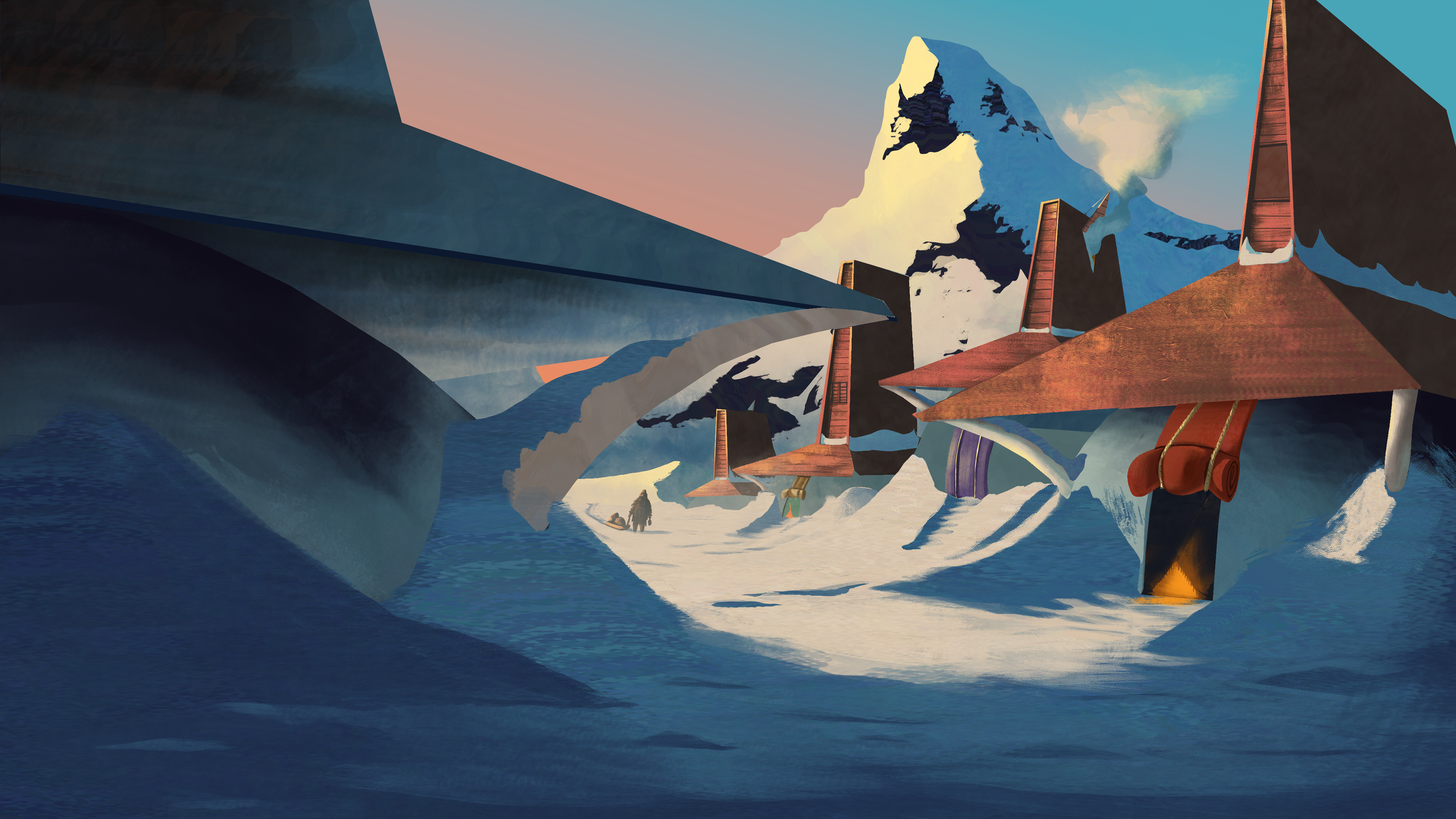 A surreal digital illustration of a snowy landscape with traditional houses on stilts, a mountain in the background, and a large aircraft flying overhead.