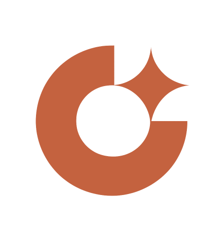 Logo with a stylized letter 'G' in brown, with two star-like shapes at the top right.