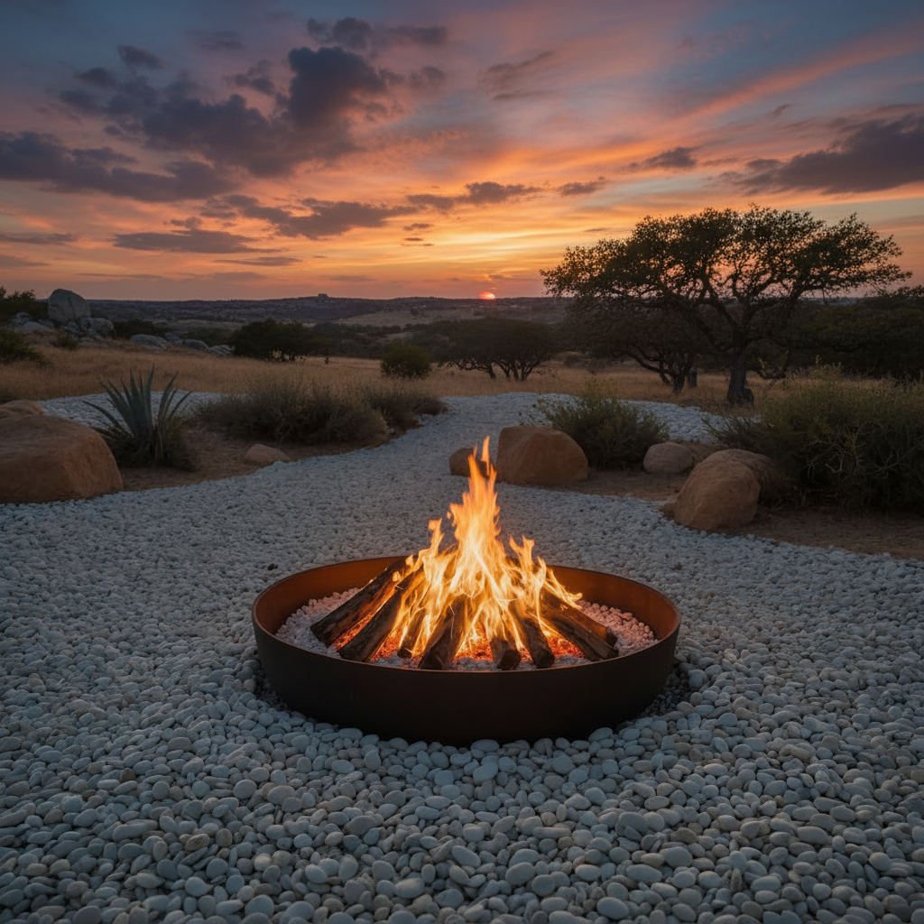 Fire pit with an iron ring, on crushed limestone rock, in the Texas Hill Country at dusk.