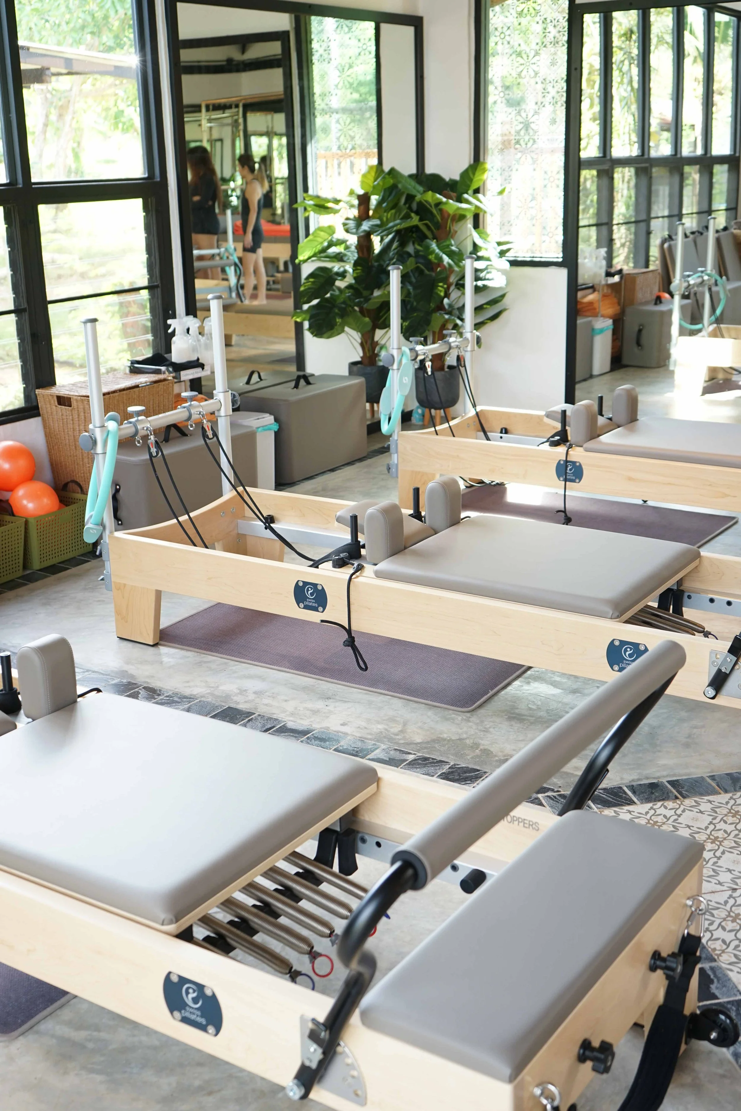 Pilates reformer machines in a bright, airy studio with large windows, and a plant in the center.