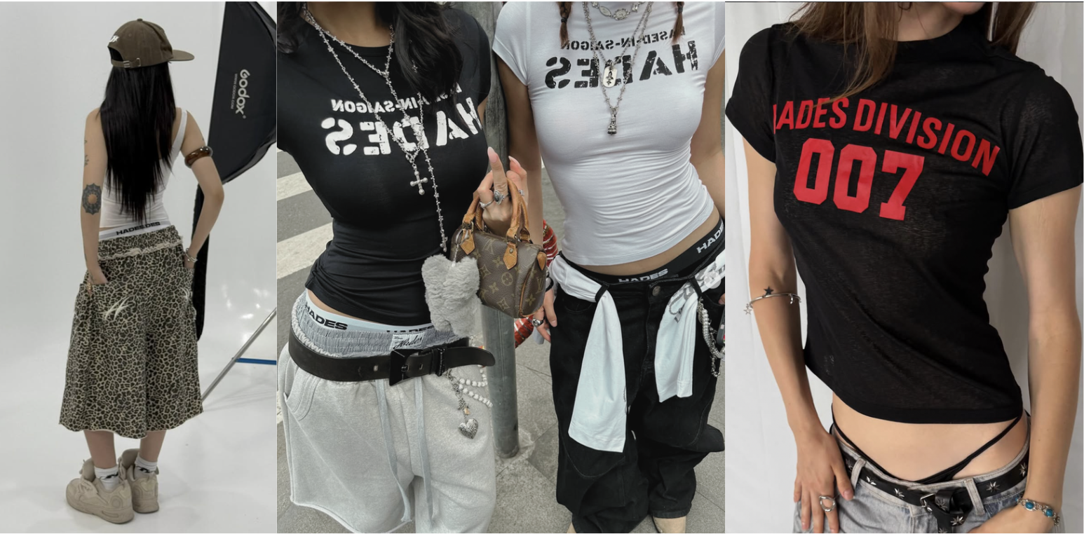 A collage of three images featuring young women in casual streetwear. The first shows a woman with long dark hair, wearing a white tank top, leopard print skirt, beige sneakers, brown cap, and accessories. The second displays two women; one with dark hair in a black 'HADES' T-shirt, layered necklaces, a small designer handbag, and beige sweatpants, and the other with red braids, a white 'HADES' T-shirt, and black pants. The third features a woman in a black 'HADES DIVISION 007' T-shirt, ripped jeans with a black strap, and silver accessories.