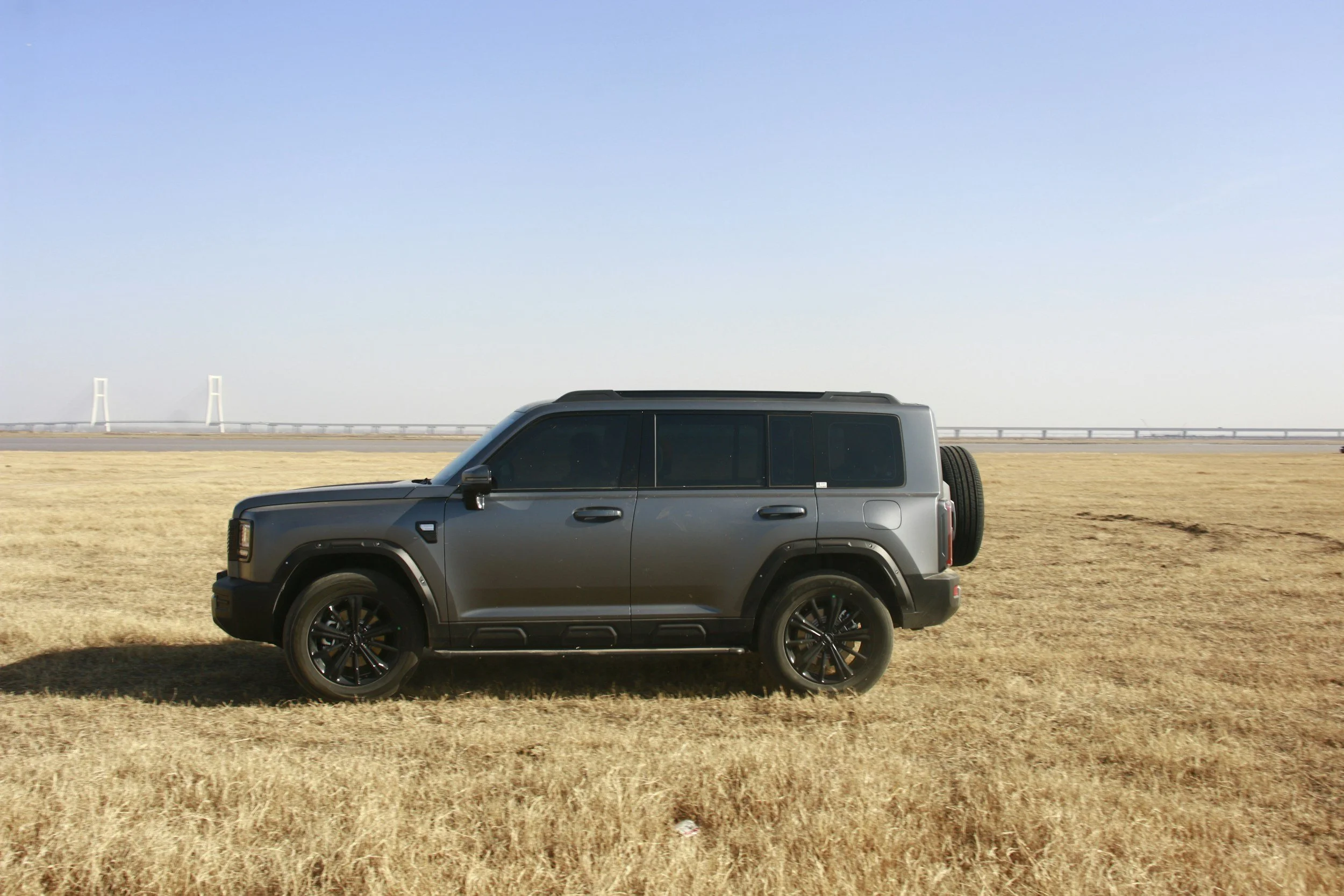 A gray SUV with dark tinted windows parked on a dry, yellowish grassy field under a clear blue sky with a bridge in the background.