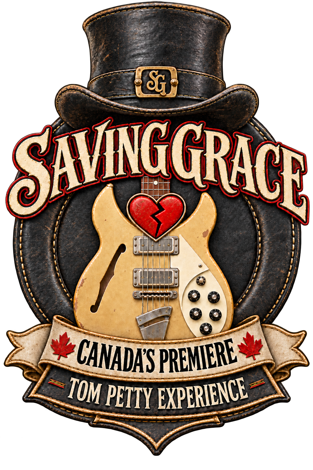 Tribute - Poster for the band Saving Grace featuring a vintage electric guitar, a broken heart, a top hat, and banners with text about Canada's premiere Tom Petty experience.