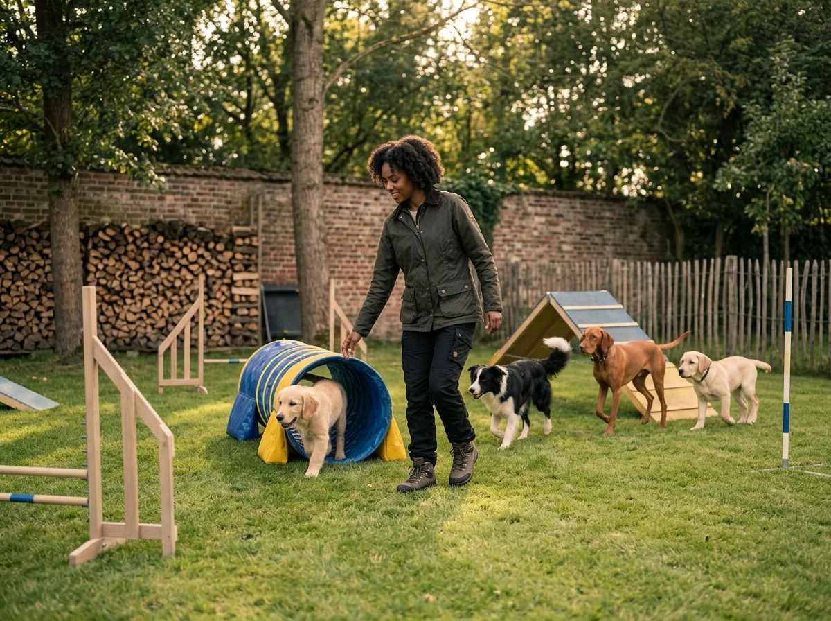 A woman training four dogs on an agility course in a backyard, with obstacles like tunnels and ramps, during daytime.
