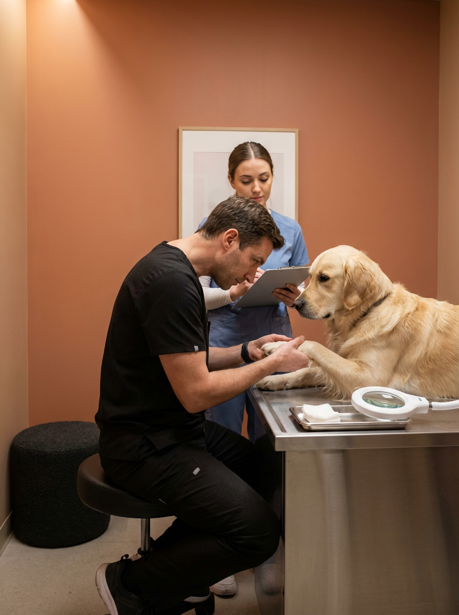 A veterinarian examining a golden retriever dog on an examination table while a female veterinary technician observes with a tablet.