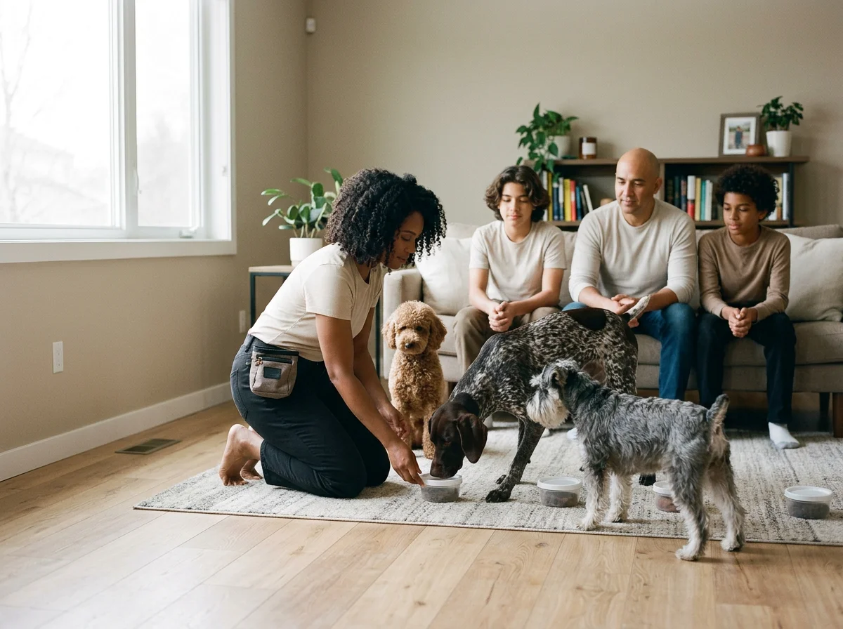 A woman kneeling on the floor feeding two dogs while three children sit on a couch watching indoors.
