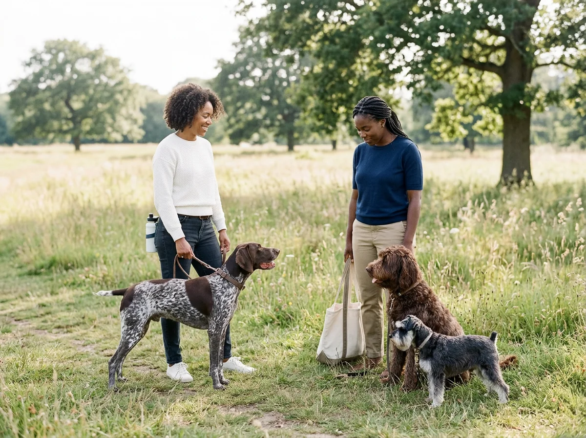 Two women with three dogs in a grassy park with trees, talking and smiling at each other.