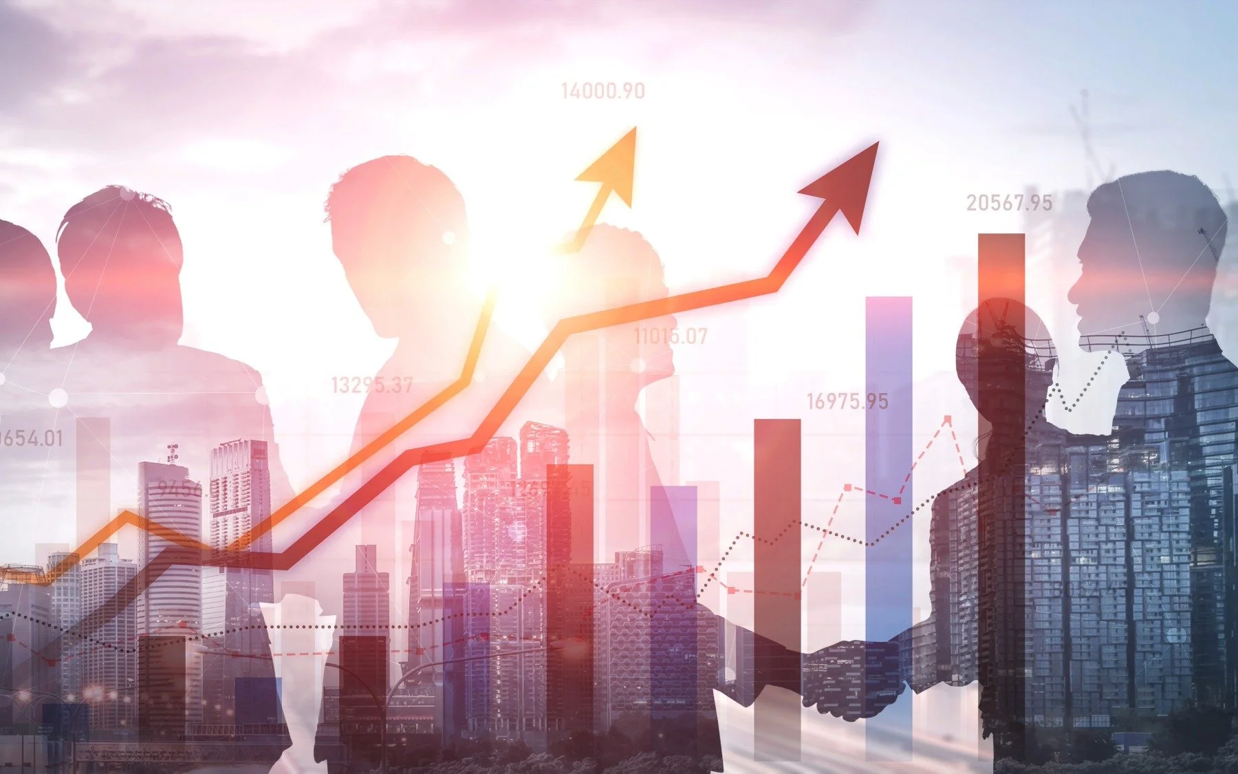 Silhouettes of business people with a cityscape and financial charts overlaid, including bar graphs and upward arrows, symbolizing growth and success.