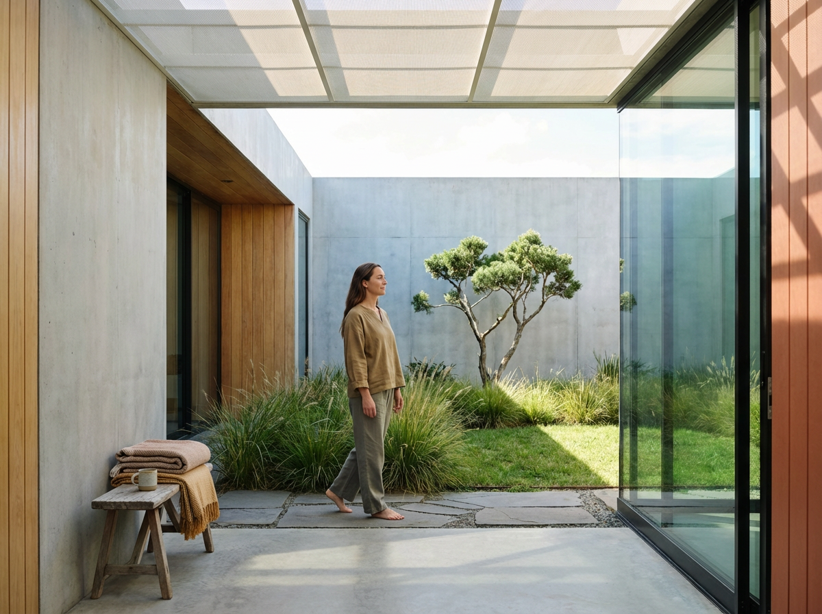A woman walks barefoot in a modern indoor-outdoor space, passing through a glass sliding door into a yard with a tree and grass, with sunlight casting shadows.