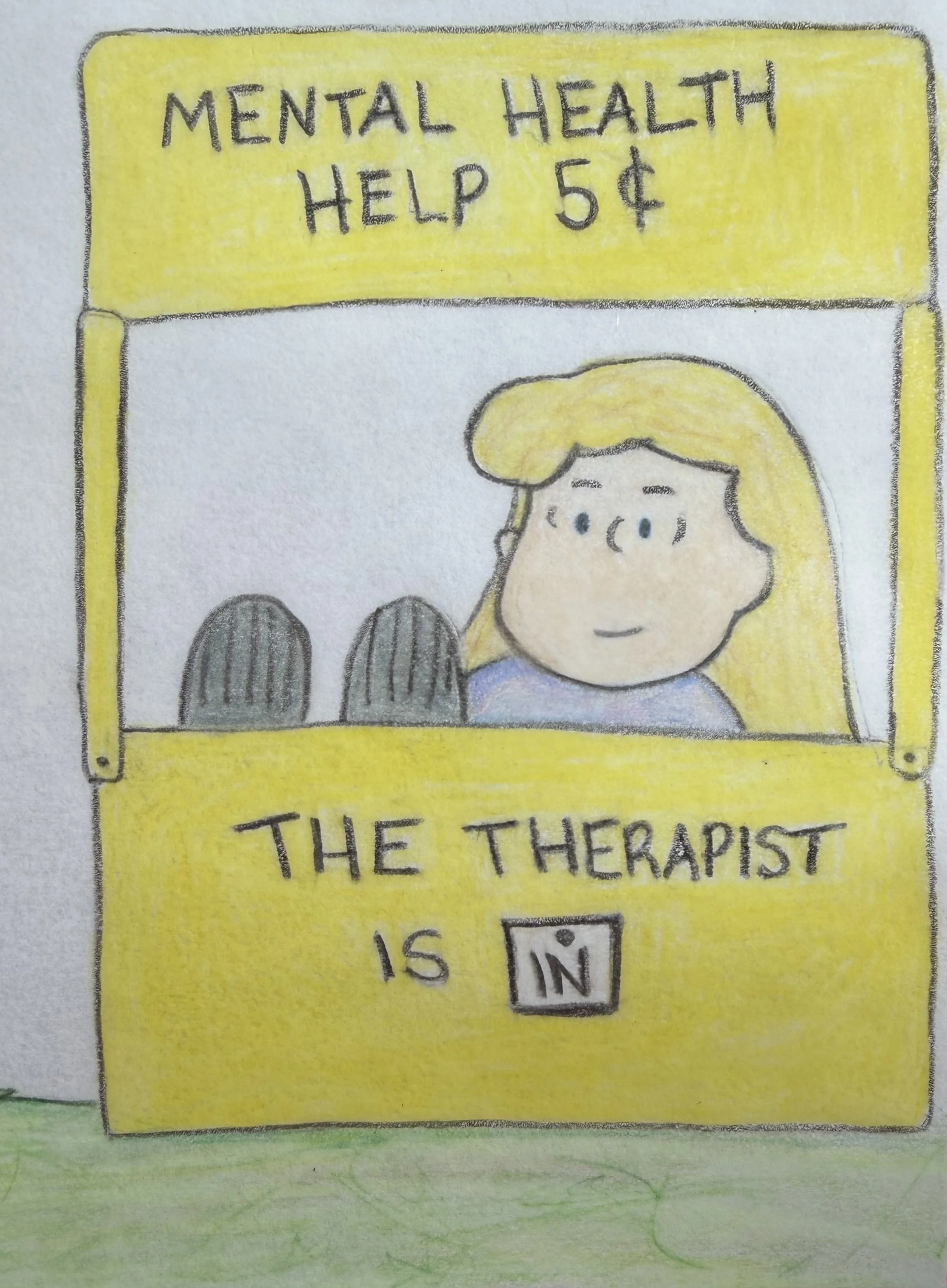 A hand-drawn comic-style image of a vending machine with a yellow background, offering mental health help for 5 cents. The top sign reads 'MENTAL HEALTH HELP 5¢' and shows part of a person's face with blonde hair looking to the side, surrounded by the vending machine frame.