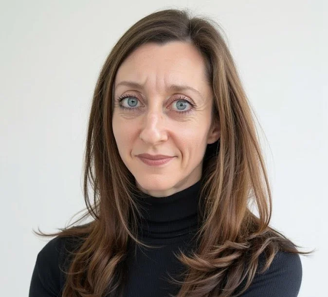 A woman with long brown hair and blue eyes, wearing a black turtleneck, looking at the camera with a slightly confused or skeptical expression.