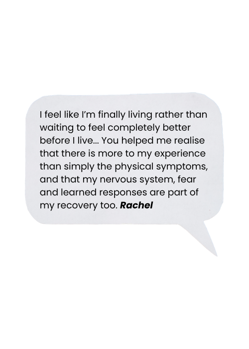 A speech bubble containing a written message about overcoming fear and learning to live, signed by Rachel.