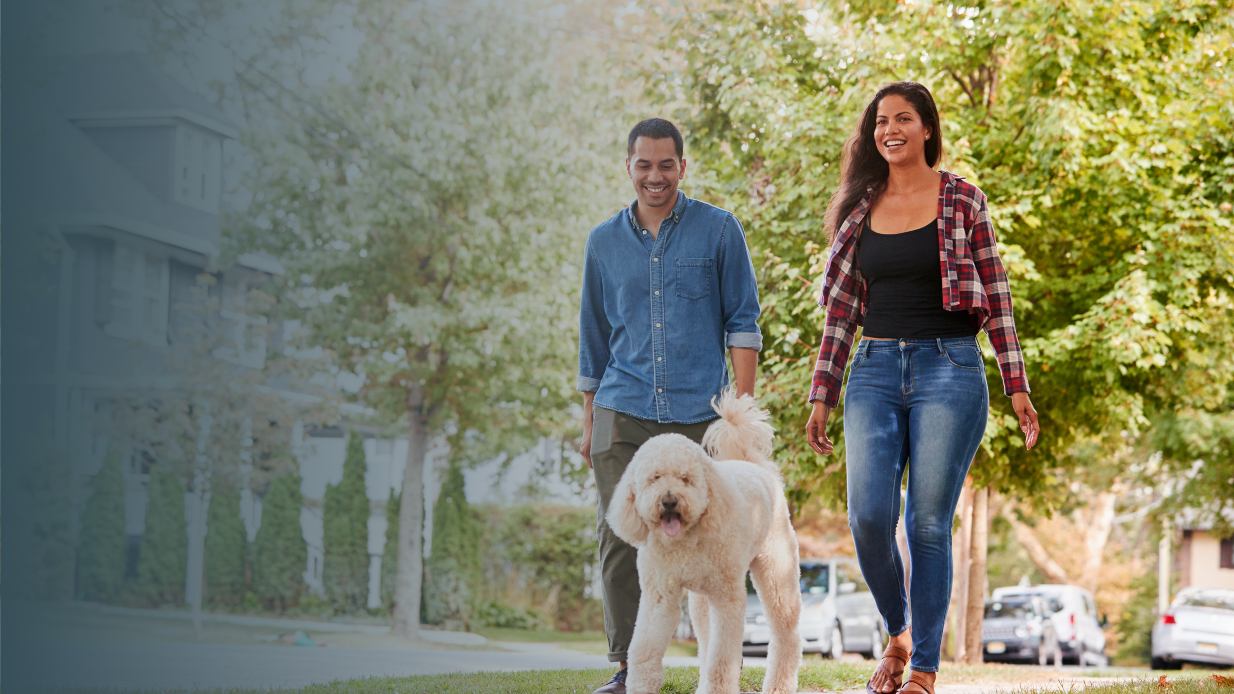 A smiling woman wearing a black tank top, plaid shirt, and jeans walks dogs with a man in a denim shirt on a sunny day in a park lined with trees and parked cars.