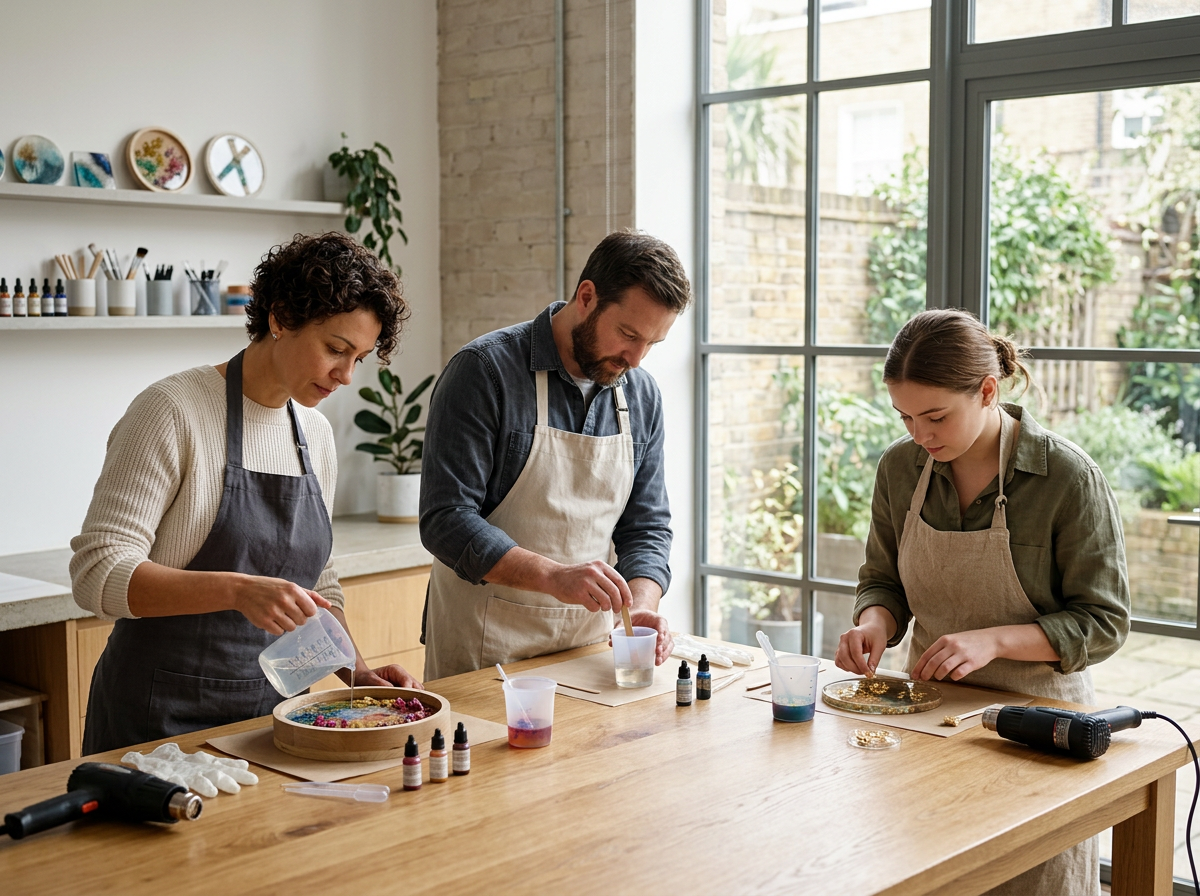 Three people in aprons working on craft projects at a wooden table in a bright room with large windows, art supplies, and a shelf with decorative plates in the background.