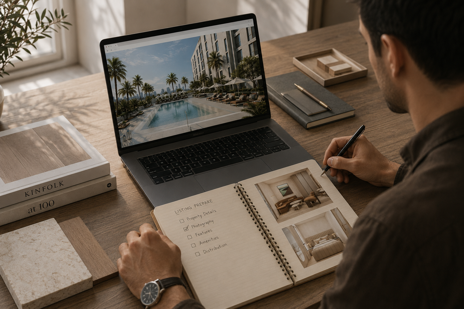 A person sitting at a wooden desk planning a property listing, with a laptop displaying a pool area, color swatches and material samples, and a notebook with interior photos and a checklist.