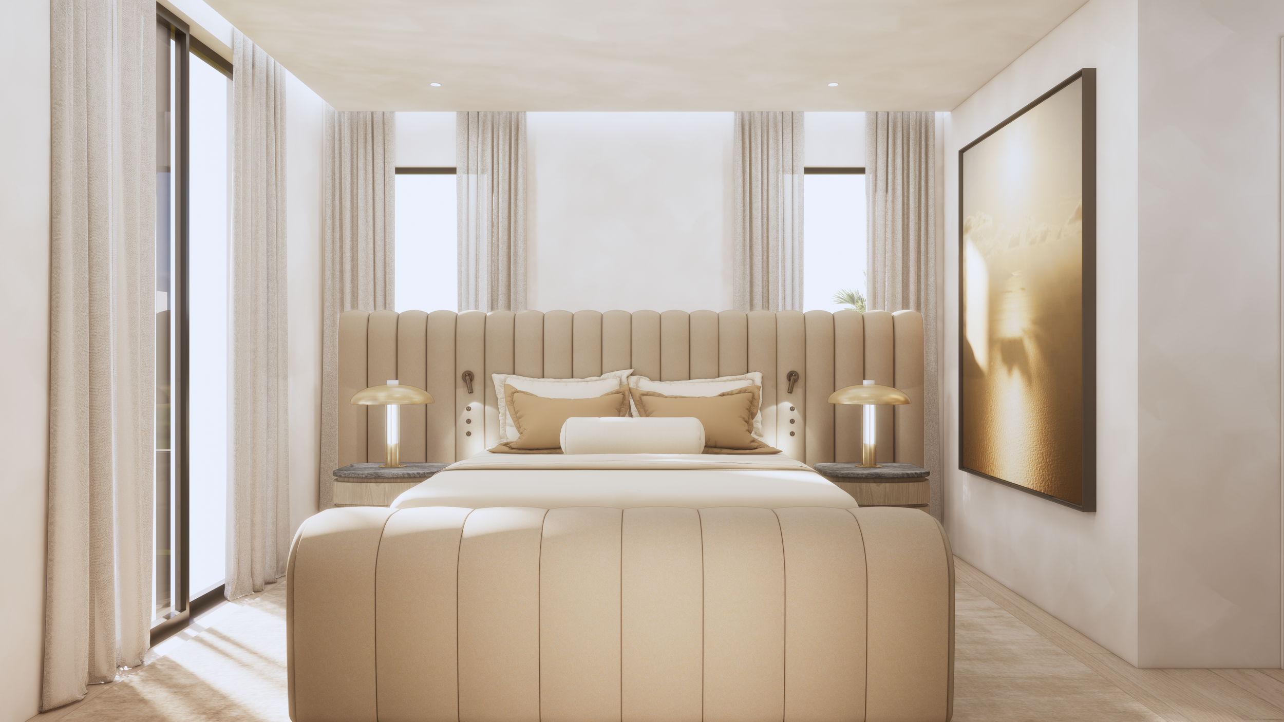 A modern, minimalist bedroom with a large beige upholstered bed, matching nightstands with gold lamps, beige pillows, cream-colored curtains, and a large wall art piece.