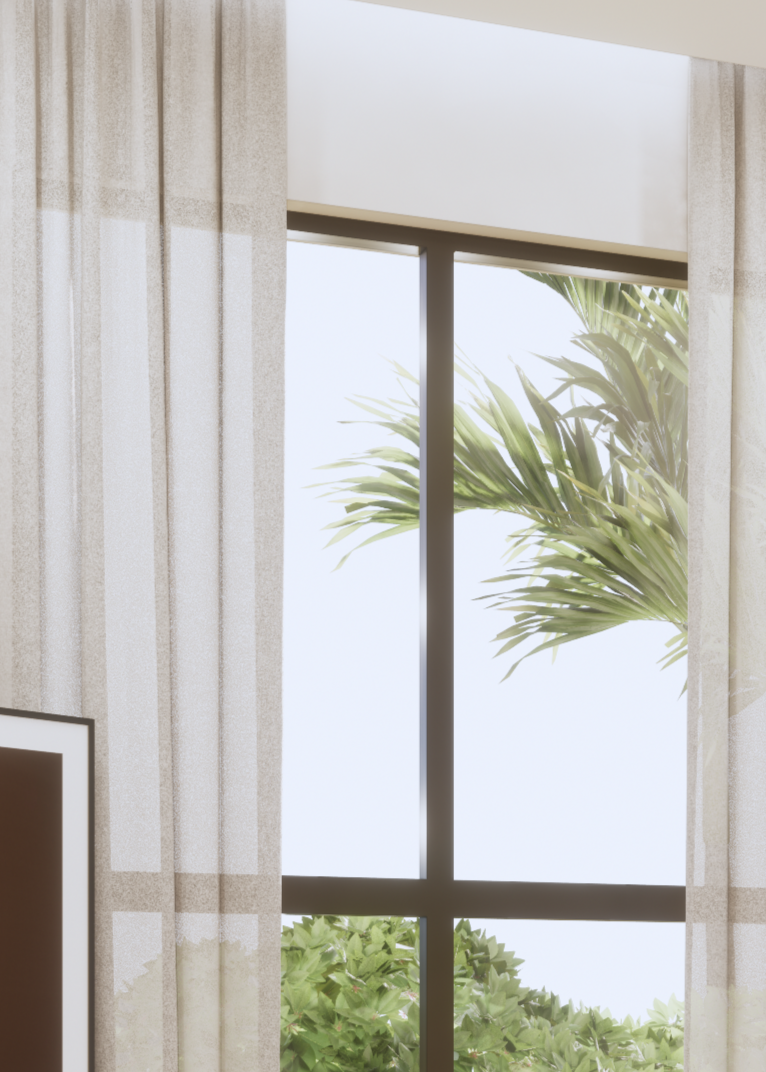 View through a window with sheer curtains showing a palm tree outside.