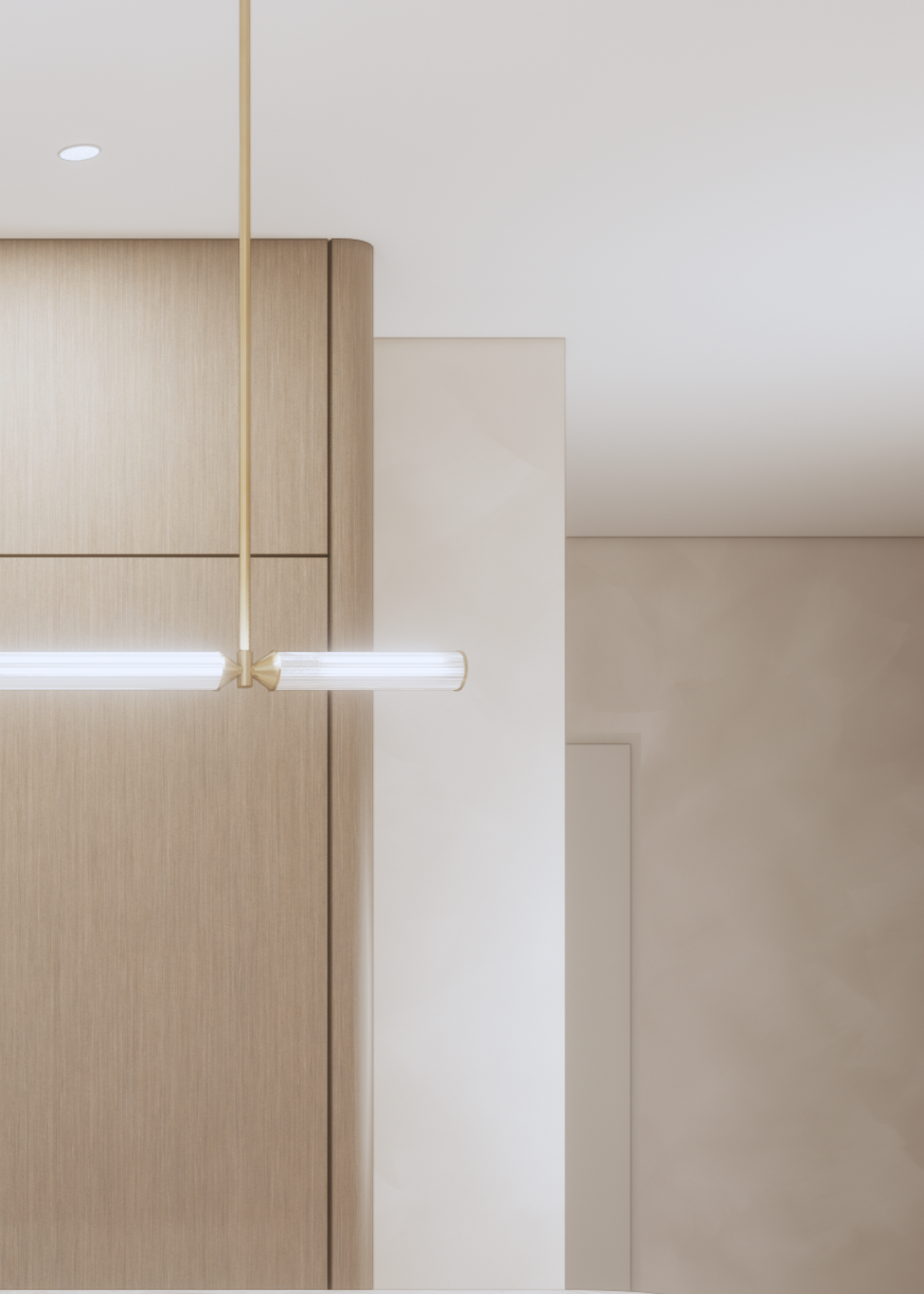 Interior ceiling with wooden cabinets and a modern linear white light fixture.